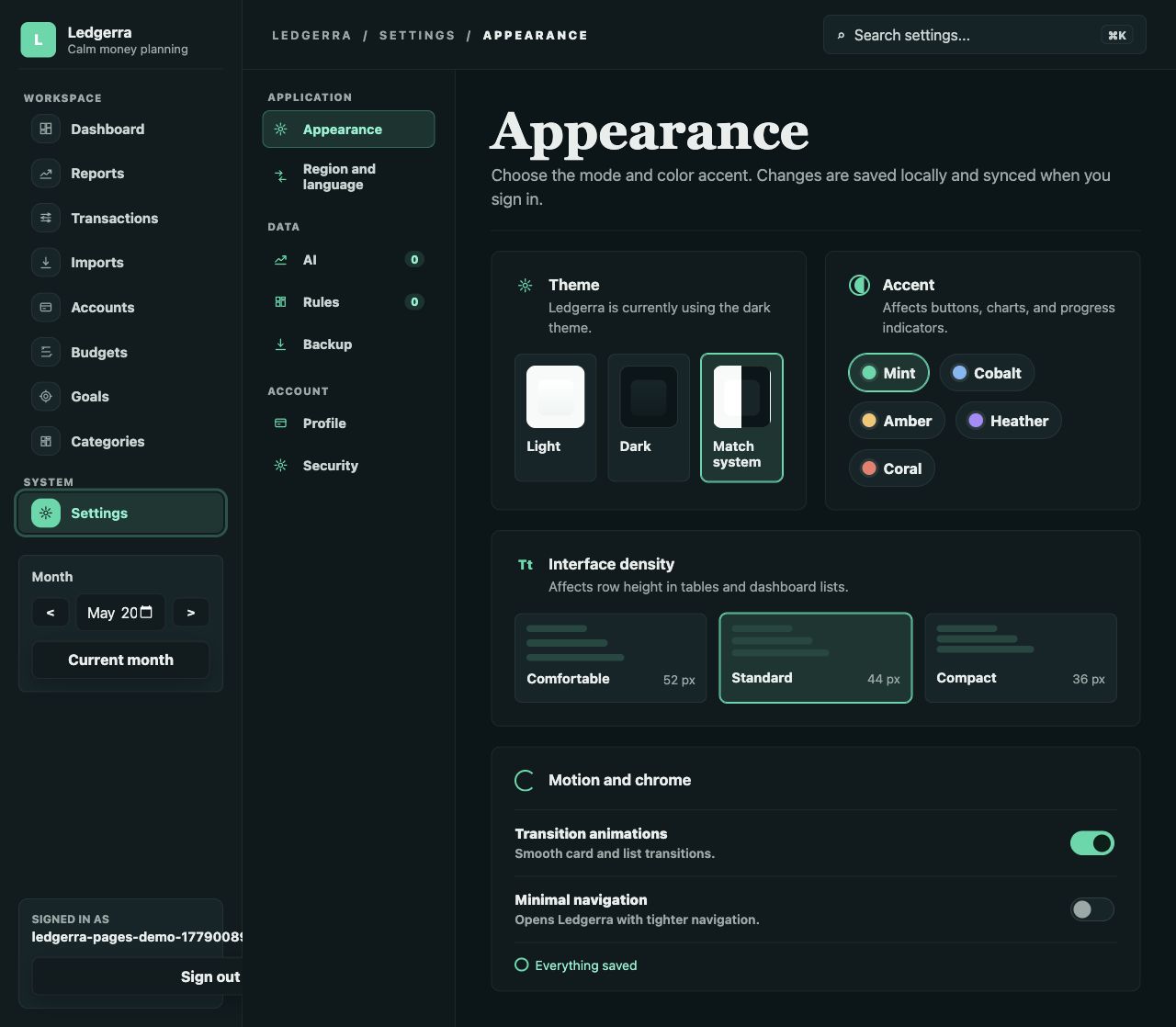 Ledgerra settings page with theme, accent color, interface density, and motion preferences