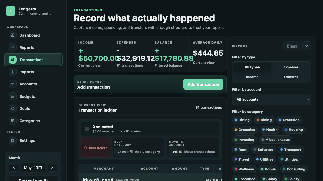 Ledgerra transaction ledger with current view metrics, quick entry, bulk actions, and filters